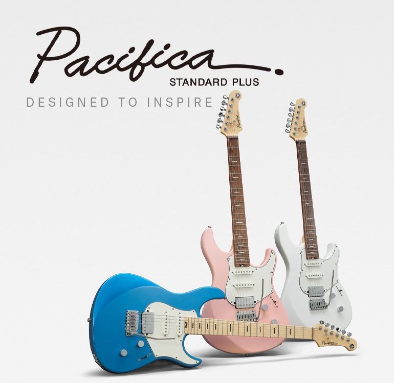 White background. Left: Pacifica professional logo & designed to inspire text. Right: 3 guitars
