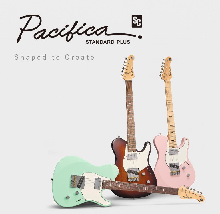 White background. Left: Pacifica SC Standard Plus logo & designed to inspire text. Right: 3 guitars.