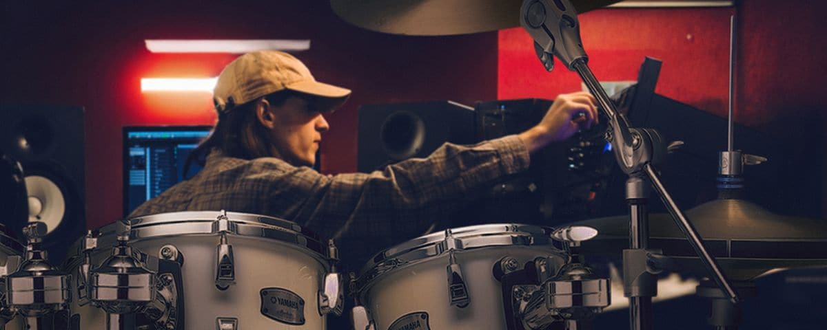 Scene of recording drums in a home studio