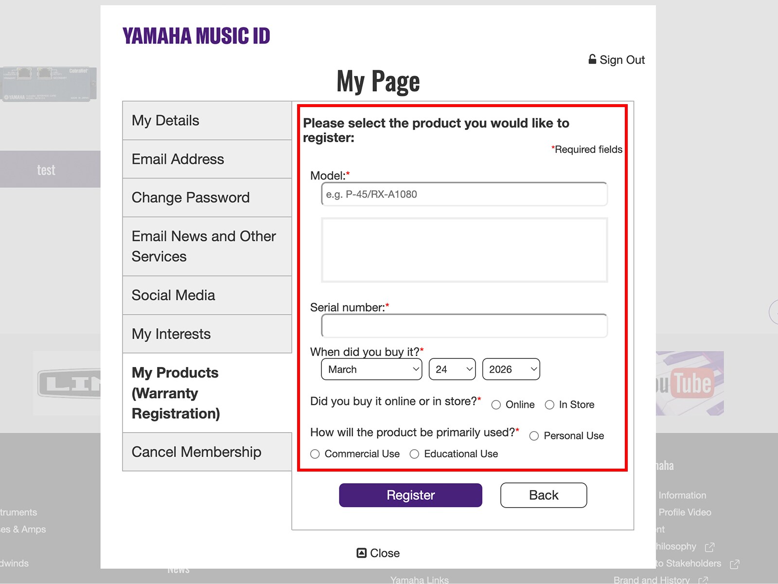 Yamaha Music ID registration form screen.