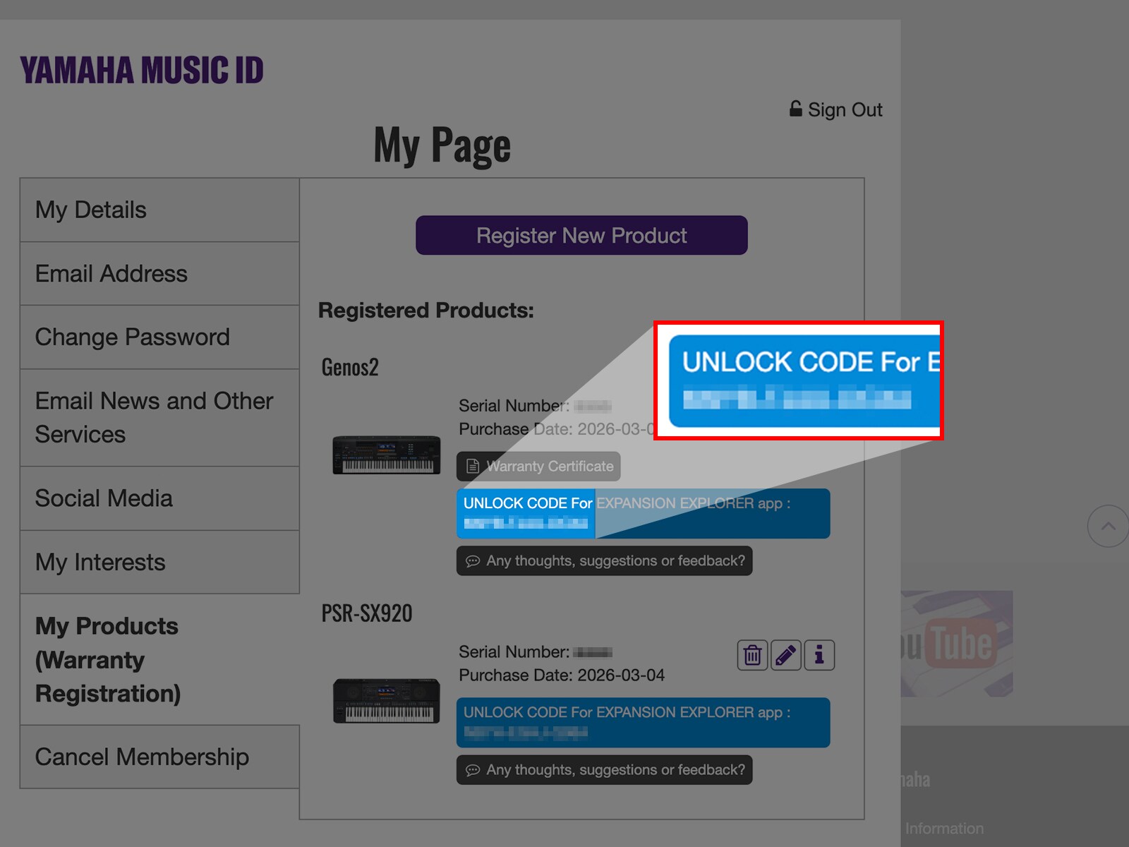 Unlock Code displayed after product registration.