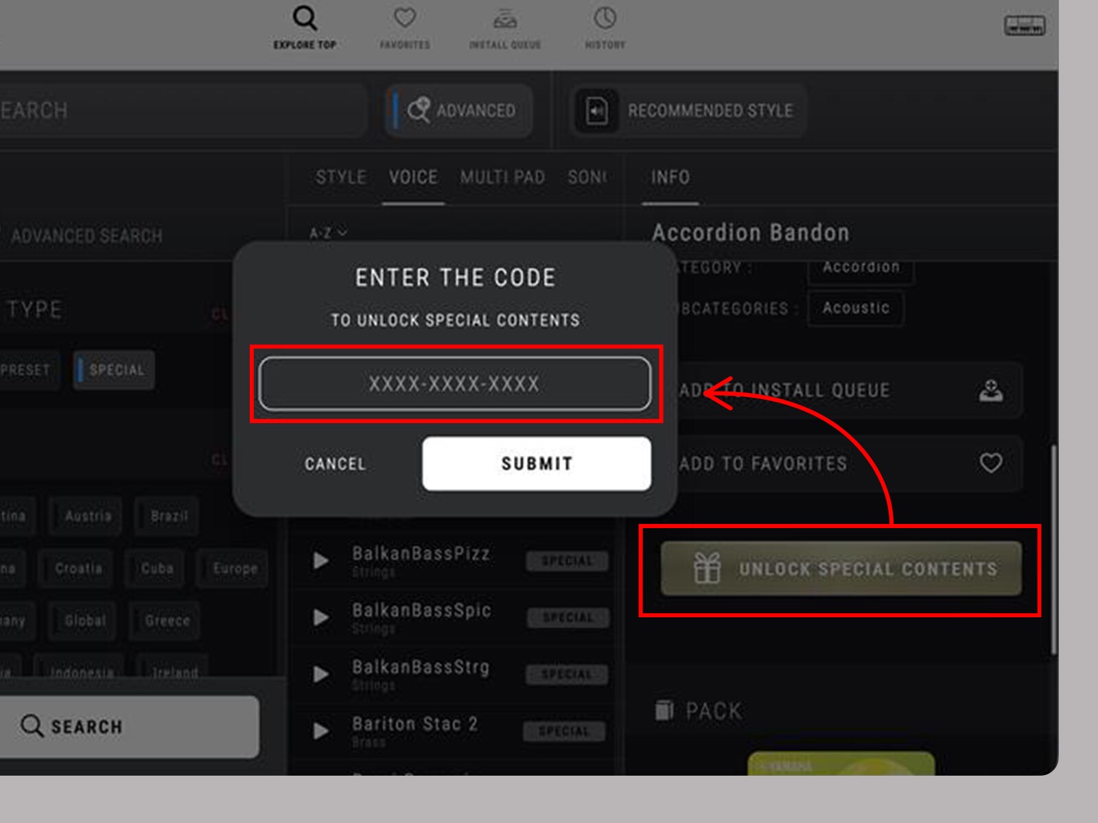 Unlock Code entry screen in the EXPANSION EXPLORER app.