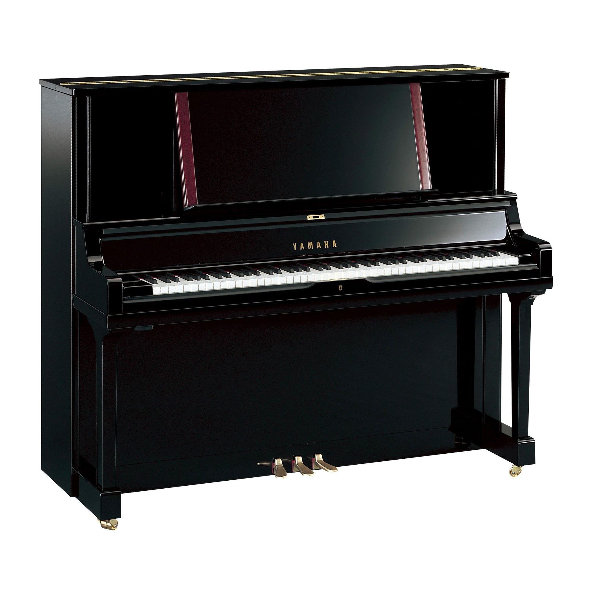 Large black upright piano with fallboard separate from music stand.