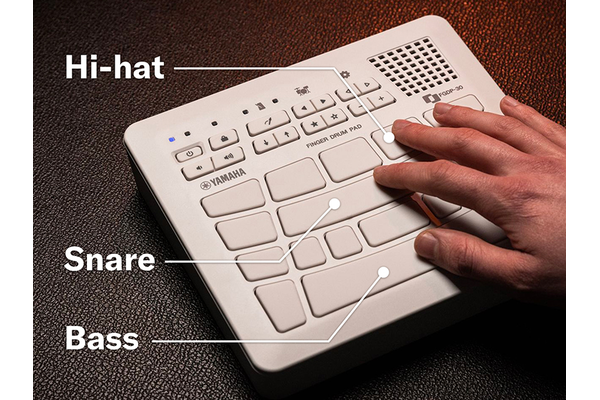 FGDP and a hand. Diagram indicating Hi-hat, Snare, Bass pad location