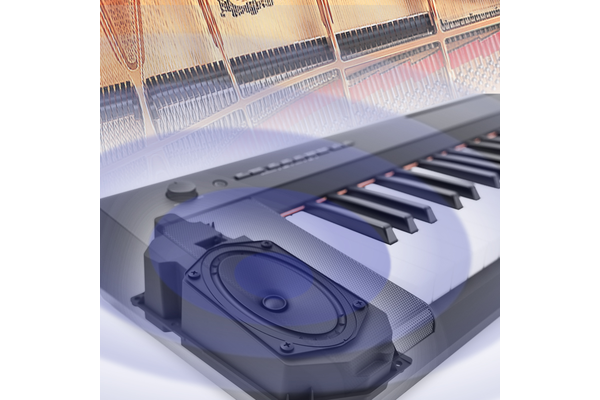 A diagram showing ripples of sound spreading out from the Piaggero's built-in speaker