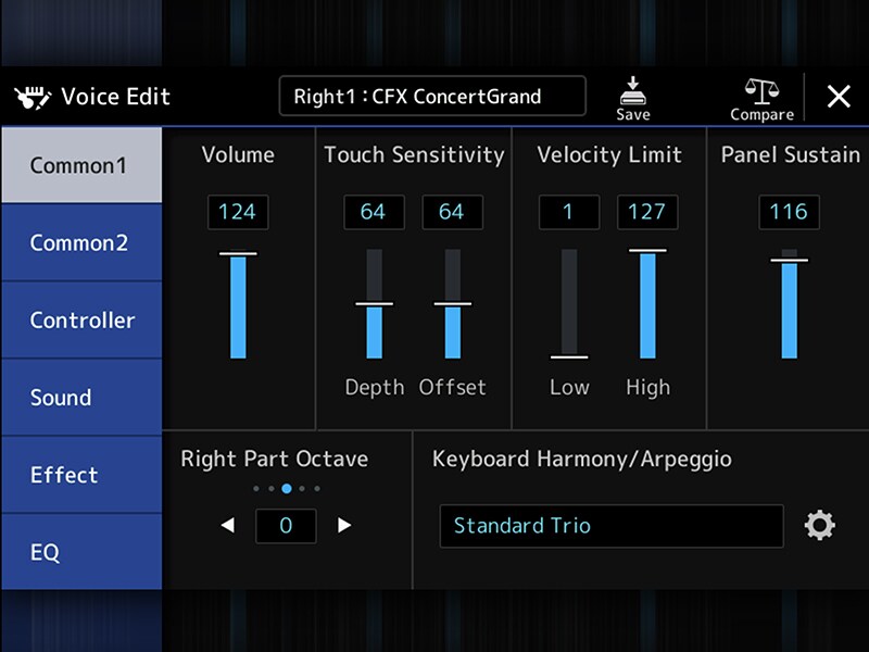 Écran Voice Edit de la station de travail arrangeur Yamaha PSR-SX920/720+.