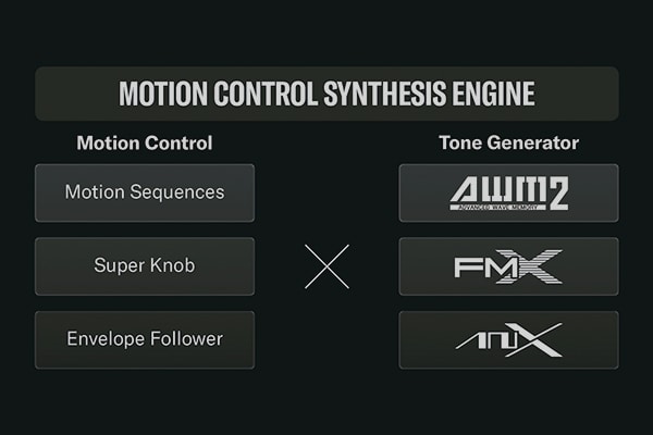 Image showing the CONTROL feature where AN-X, FM-X, and AWM2 sound engines interact to generate diverse sounds