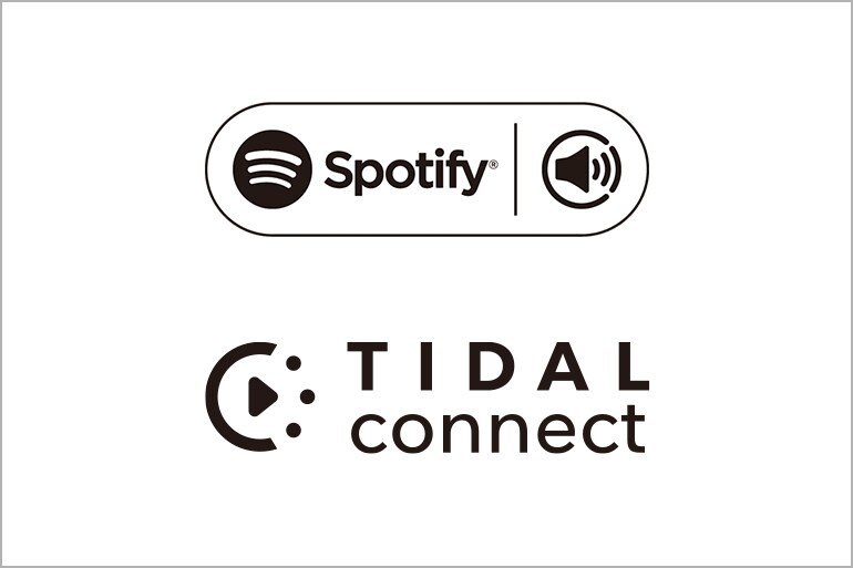 Icônes de compatibilité montrant la prise en charge de Spotify Connect et de TIDAL Connect