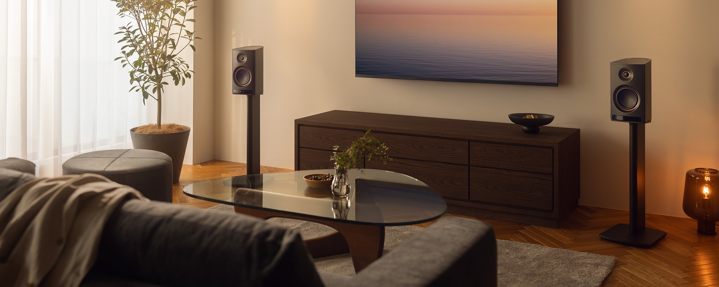 Enceinte Hi-Fi sans fil NX-70A placée à côté d'un téléviseur dans un salon moderne