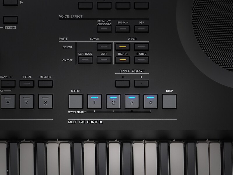 Gros plan sur les Multi-Pads du PSR-SX620 utilisés pour déclencher des phrases, des motifs et des boucles.