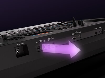 Gros plan des prises LINE OUT du PSR-SX620 pour une sortie audio de haute qualité.