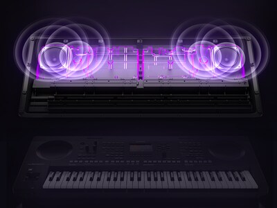 Vue en transparence d'une enceinte illustrant les vibrations et une puissance de sortie sonore élevée.