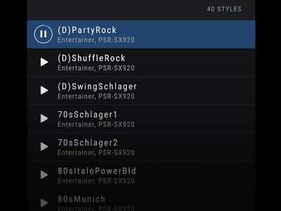 Screen where one of the Style listings is highlighted to indicate that it is playing