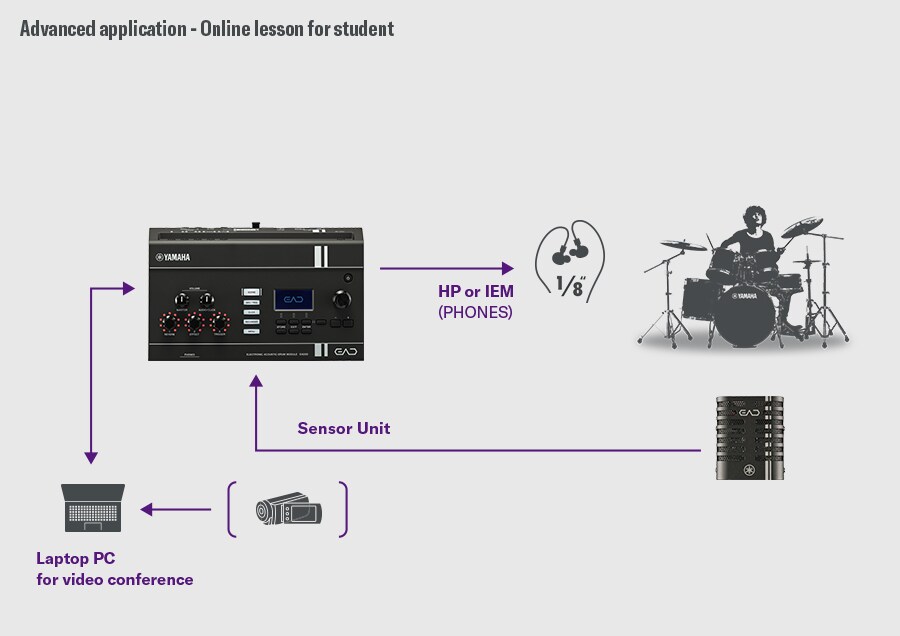Schéma montrant l'EAD20 connecté à un ordinateur ou un appareil intelligent pour des leçons de batterie en ligne.