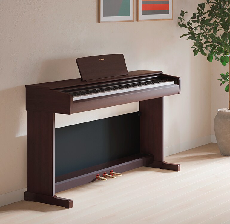 Un salon mettant en vedette un piano ARIUS avec des plantes d'intérieur et un canapé, s'intégrant harmonieusement au décor