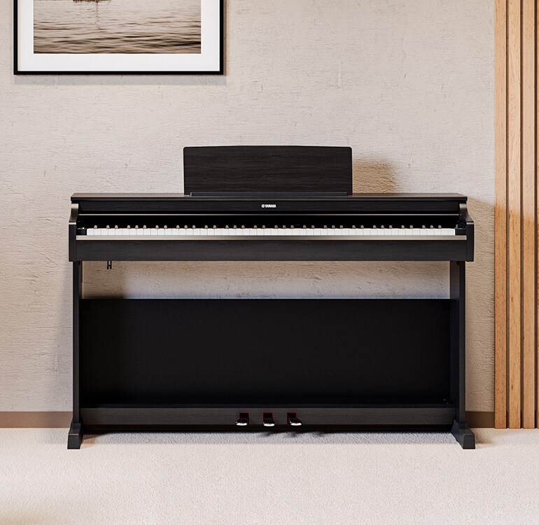 Un salon mettant en vedette un piano ARIUS noir avec des plantes d'intérieur et un canapé, s'intégrant harmonieusement au décor