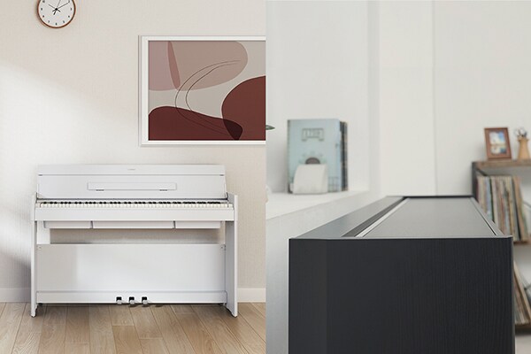 Un piano ARIUS s'intégrant à l'intérieur du salon, et un piano ARIUS au design plus plat et compact lorsque son couvercle est fermé.