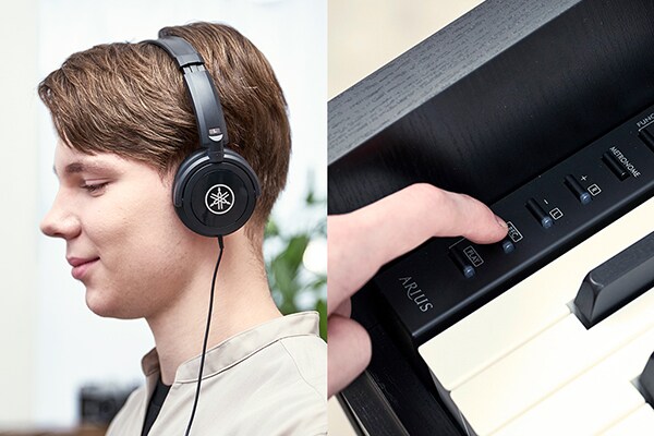 Jouer d'un piano ARIUS avec un casque d'écoute et utiliser les boutons du panneau de commande