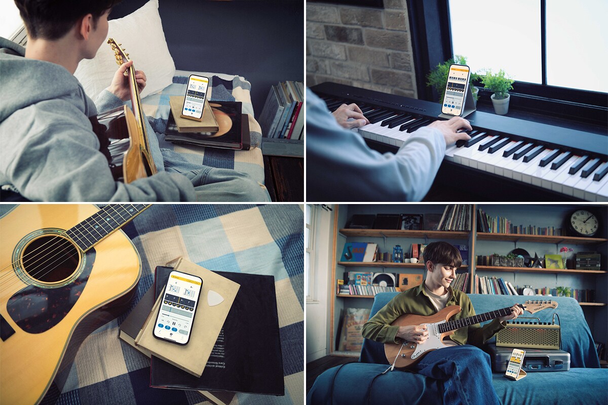Se détendre à la maison tout en utilisant Extrack avec des instruments tels qu'une guitare ou un piano dans divers scénarios