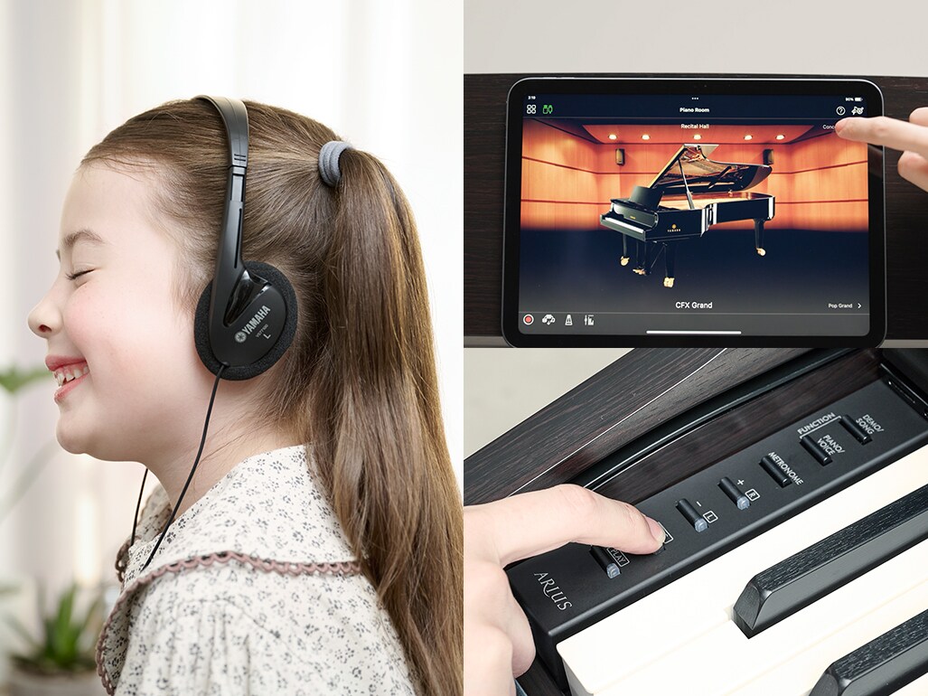 S'exercer sur le piano numérique avec un casque d'écoute, consulter l'écran de l'application Smart Pianist et s'enregistrer à l'aide des commandes intégrées du piano.