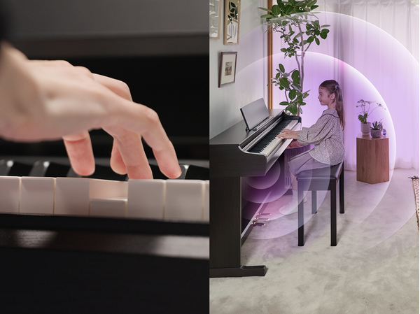 Le toucher expressif du nouveau clavier ARIUS et les ondes sonores se propageant depuis un piano ARIUS dans un salon