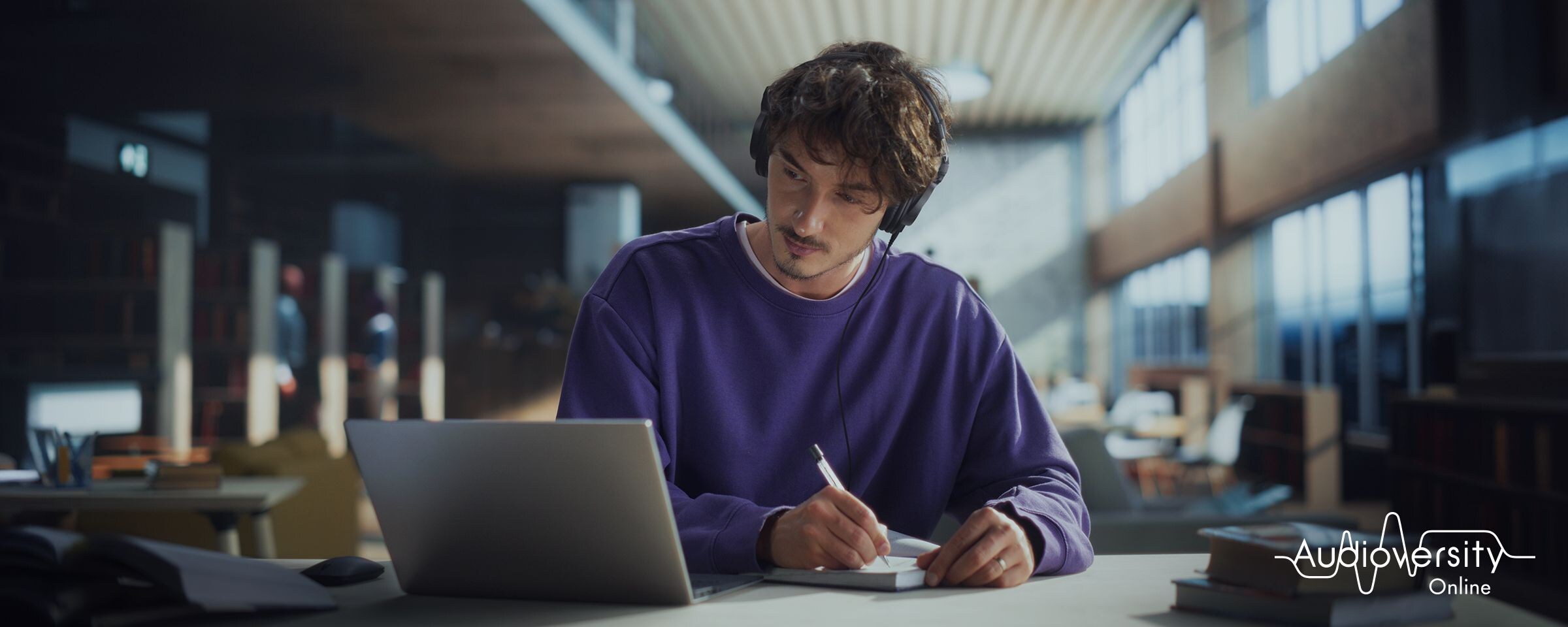 Visuel clé pour Audioversity Online : un homme concentré sur une session de formation en ligne.