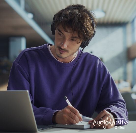 Visuel clé pour Audioversity Online : un homme concentré sur une session de formation en ligne.