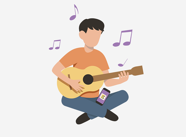 Un homme utilisant l'application de pratique musicale Extrack pour pratiquer avec des grilles d'accords
