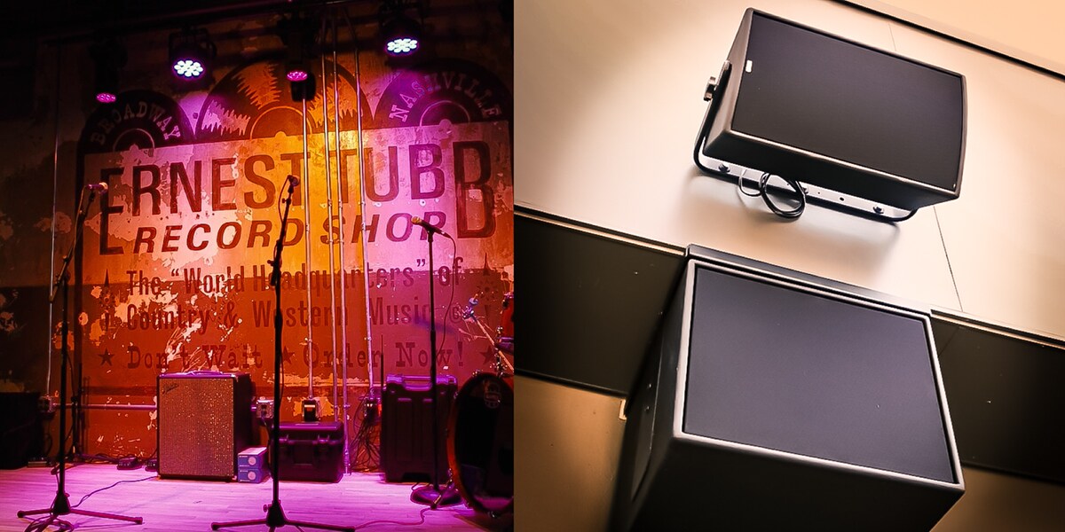 Deux images : celle de gauche montre une scène de musique en direct à l'intérieur de l'Ernest Tubb Record Shop à Nashville; celle de droite montre deux enceintes à montage mural installées à l'intérieur de l'établissement