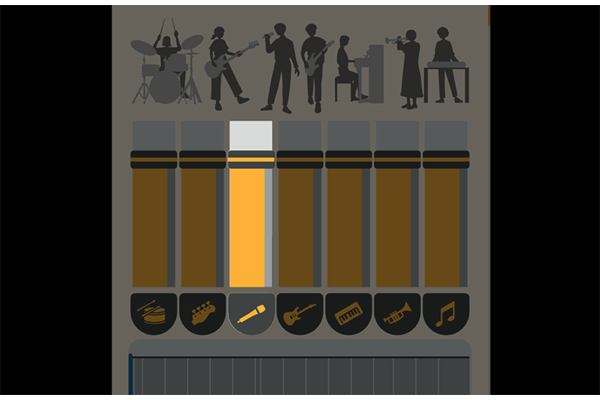 Une capture d'écran d'une source audio séparée en différentes pistes, telles que les guitares, les voix, la batterie, la basse, les pianos et les instruments à vent
