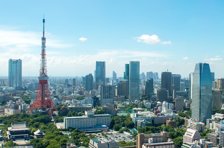 Tokyo tower and skyscrapers.