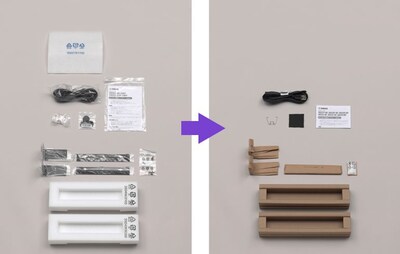 Picture showing previous packaging using plastic bags and Styrofoam, and new packaging with less plastic and cardboards instead of Styrofoam as cushioning.
