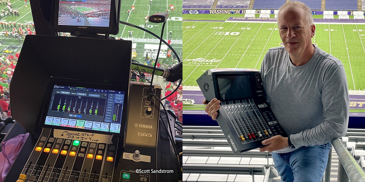 Deux images : à gauche, une console de mixage Yamaha DM3 installée dans une cabine de diffusion d'un stade de la NCAA ; à droite, Scott Sandstrom tenant une console de mixage numérique Yamaha DM3 dans un stade avec le terrain de football visible à l'arrière-plan