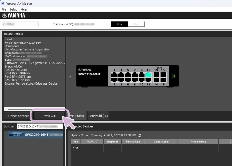 Logiciel Yamaha LAN Monitor sur un PC connecté à un commutateur réseau Yamaha, avec l'interface Web (GUI) affichée